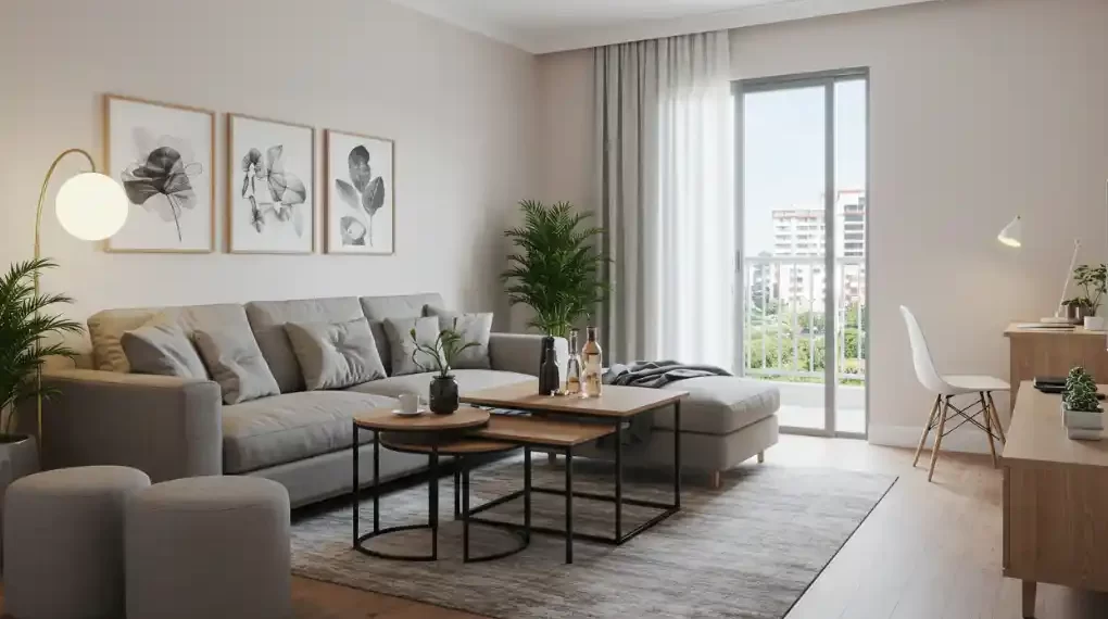 Compact living room with multi-functional furniture