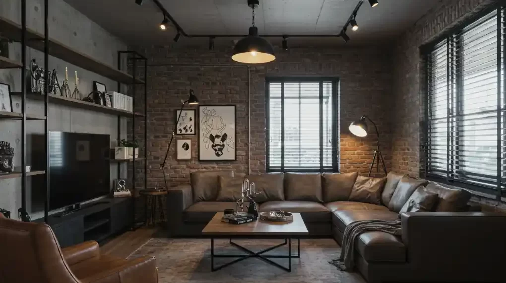 Industrial living room with brick walls