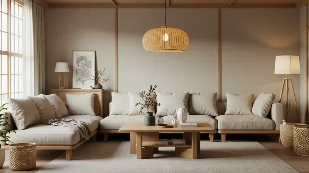 Japandi-style living room with natural wood