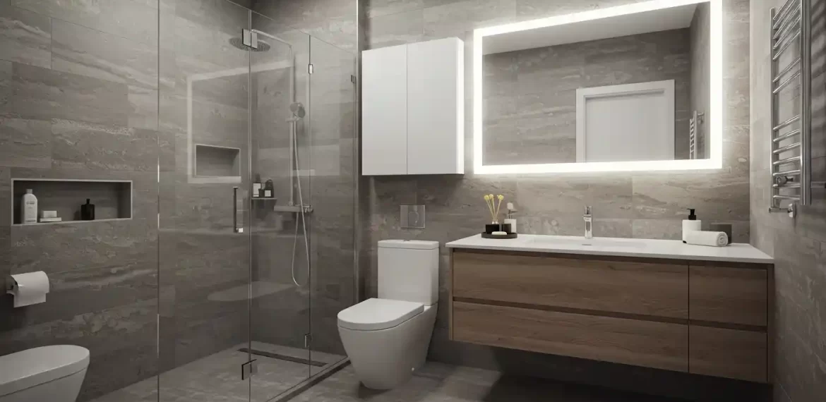 Modern bathroom with frameless glass shower, floating vanity, and backlit mirror.