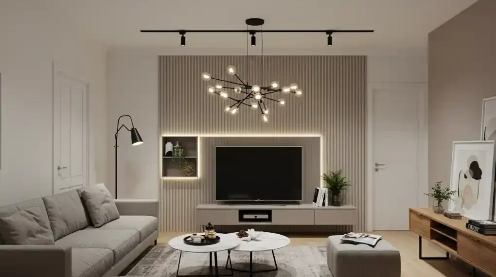 Modern living room with a statement chandelier.