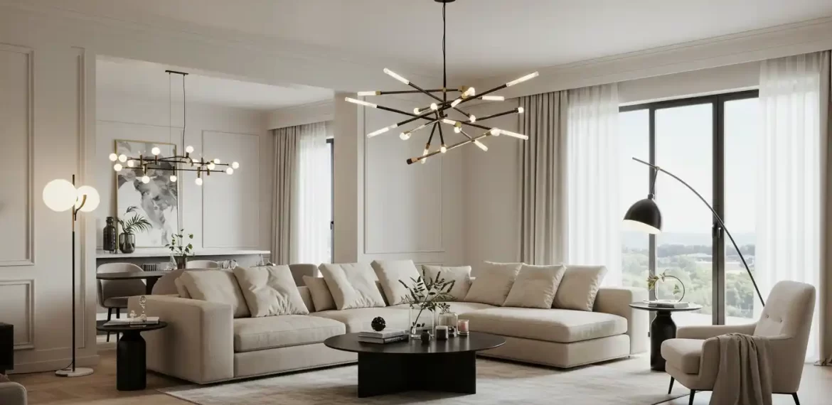 Modern living room with neutral sofa and geometric chandelier