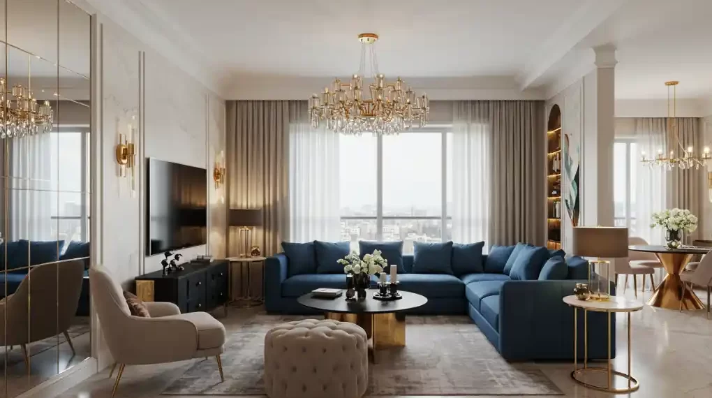 Modern luxe living room with velvet accents
