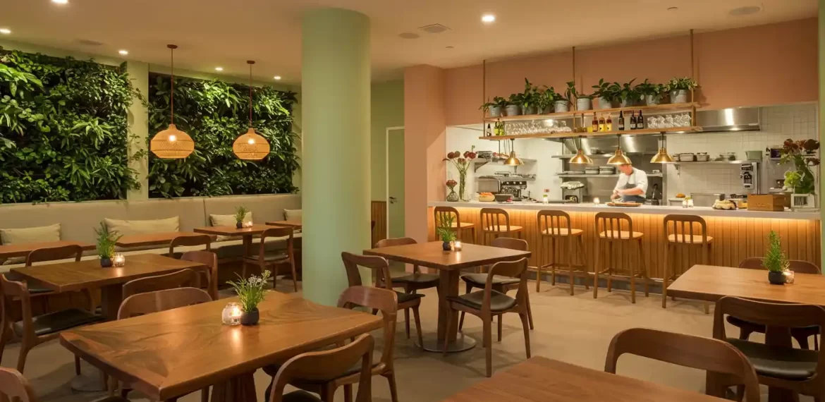 Eco-friendly restaurant interior with reclaimed wood furniture