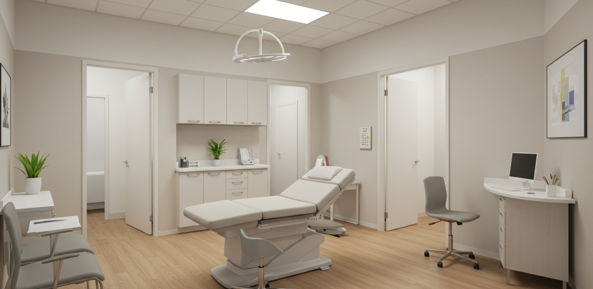 flexible healthcare clinic interior with multi-purpose rooms