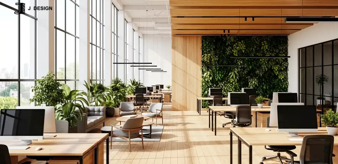 biophilic office interior with plants natural light