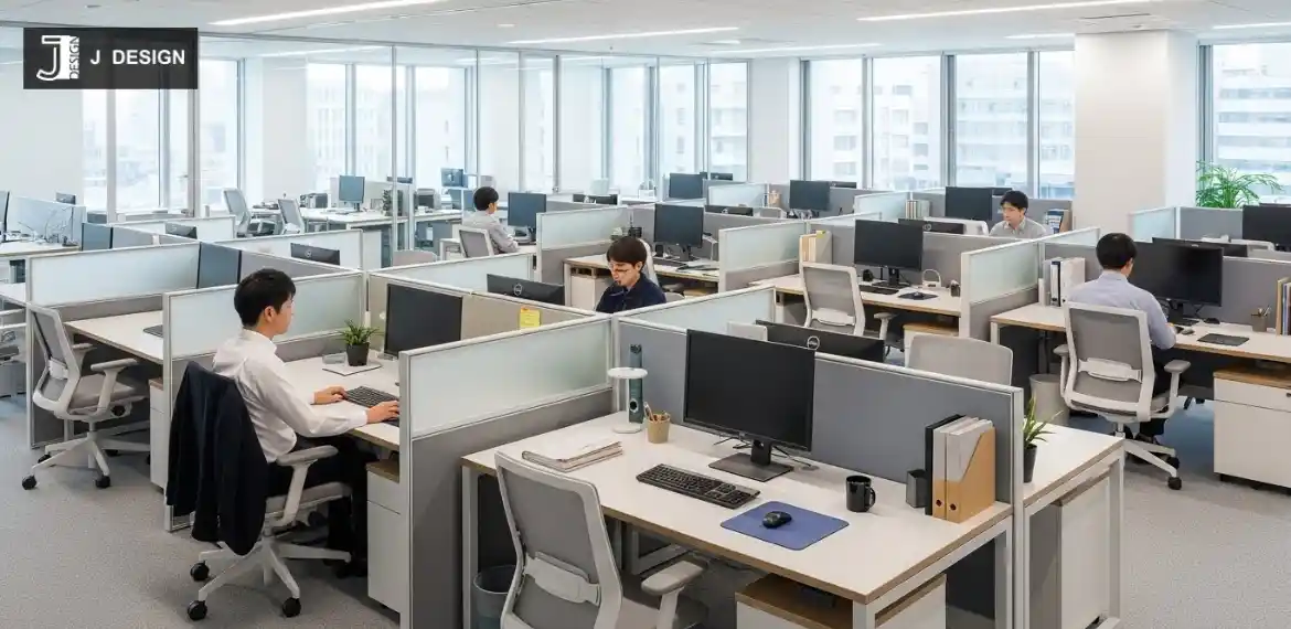 Closed office with private workspaces, emphasizing privacy and isolation