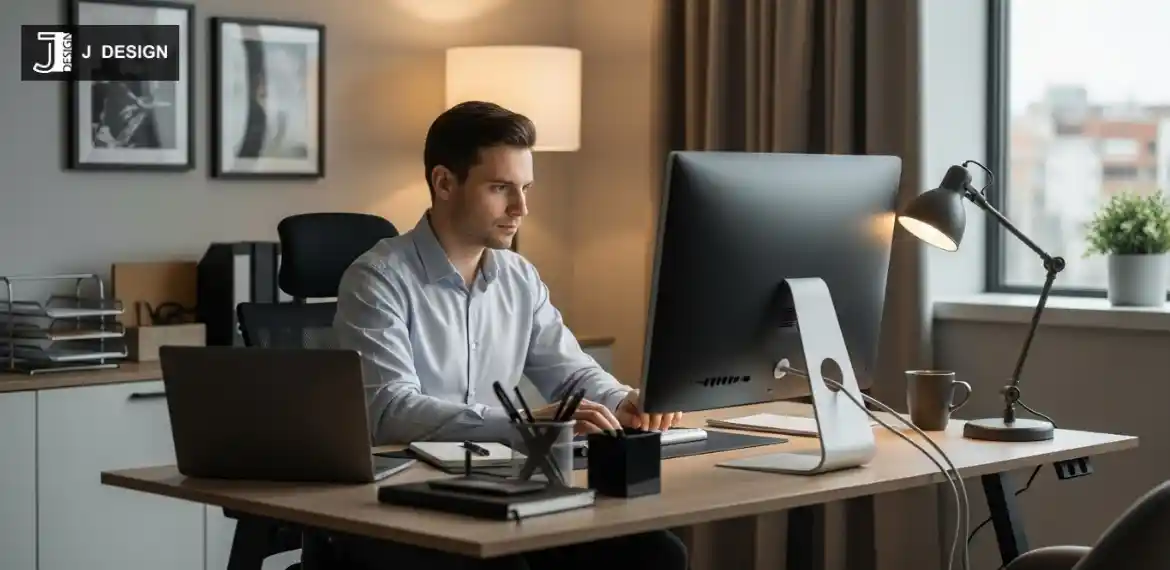Employee working quietly in a private office, focusing on a task