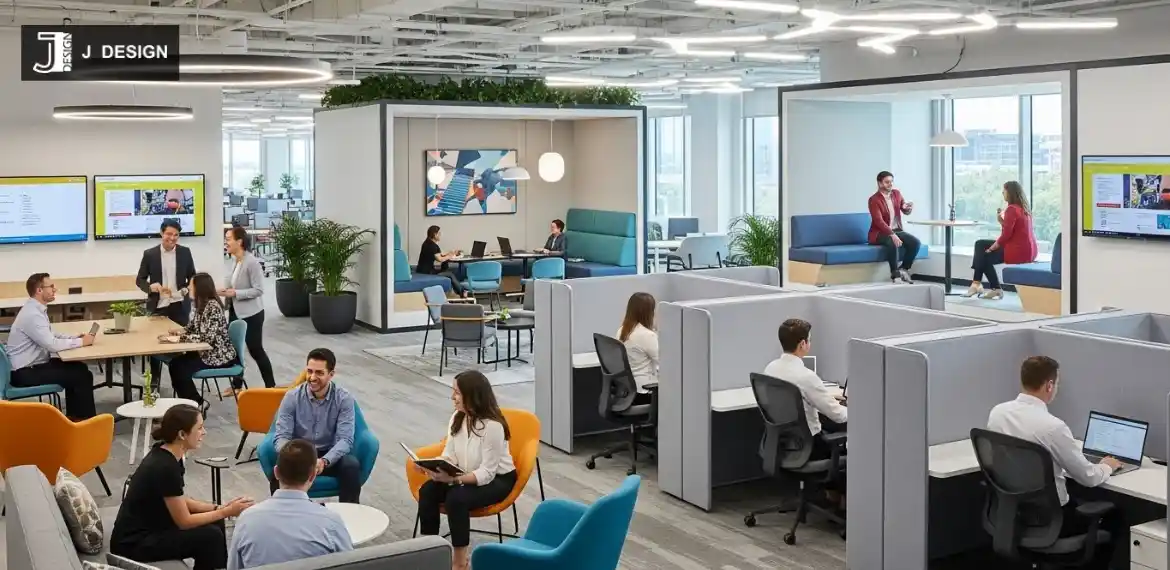 Hybrid office layout combining open collaboration areas with private pods for focused work