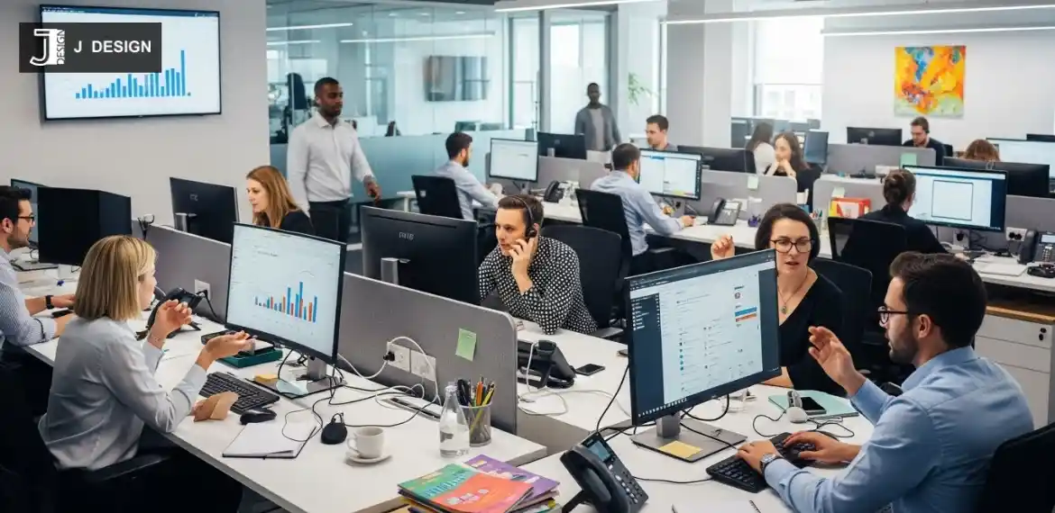 Busy open office environment with staff at work, illustrating potential distractions