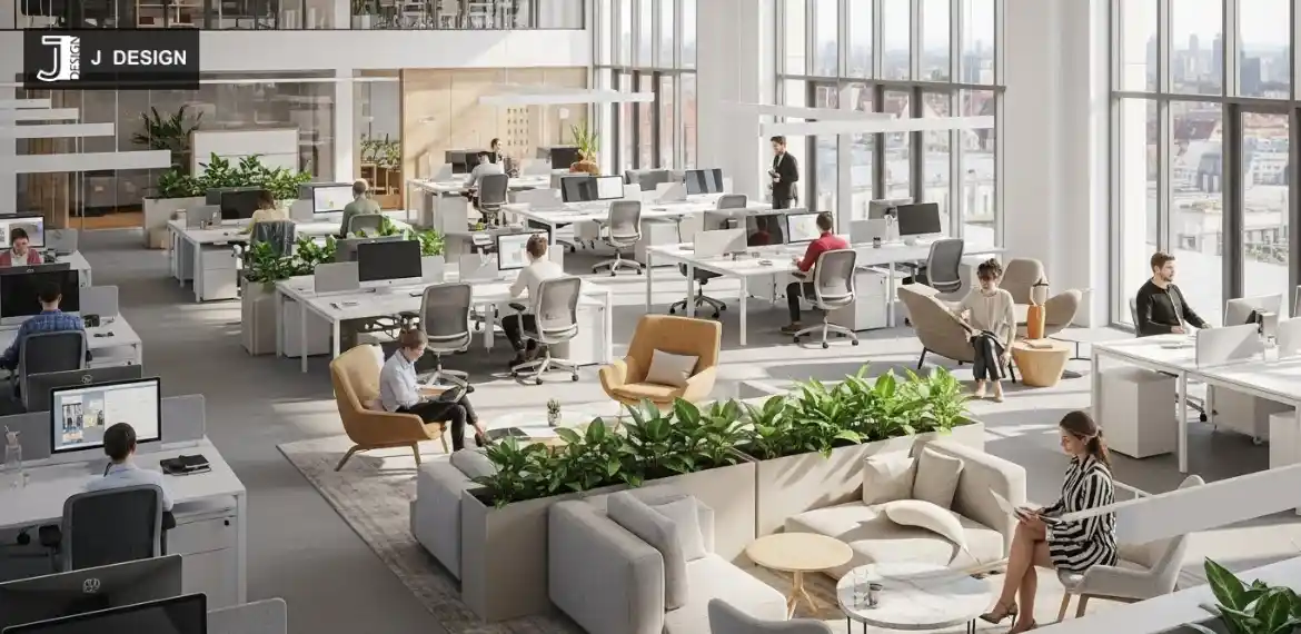 Bright open office layout with desks, collaborative areas, and natural lighting