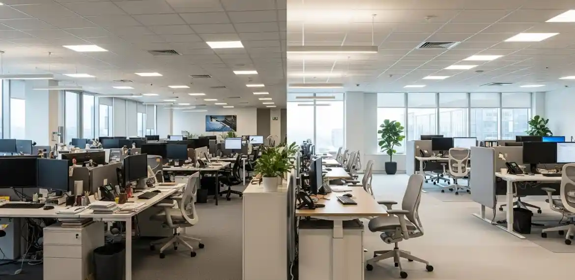 Common office interior design mistakes compared with a well-planned office workspace
