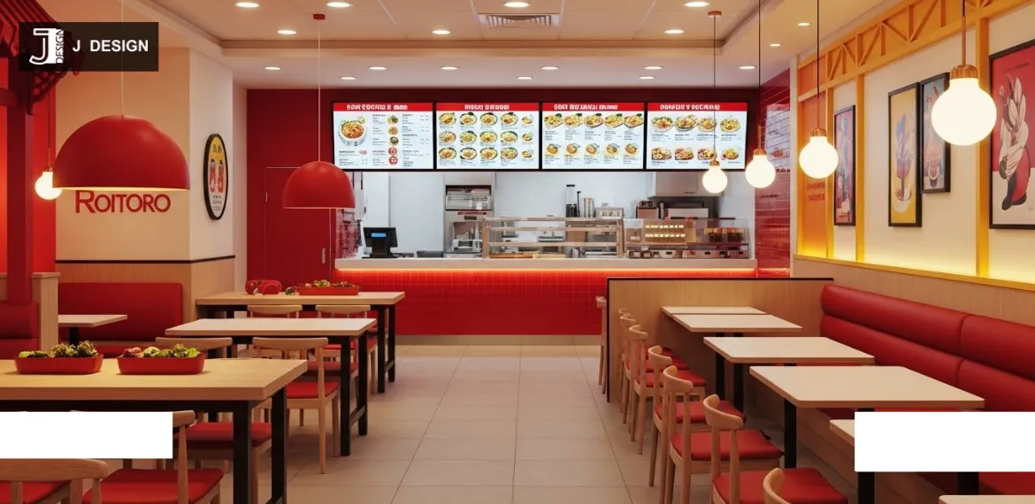 Fast food restaurant interior with warm colours and balanced lighting